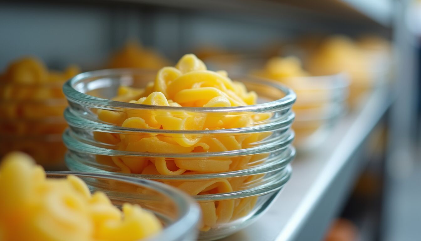 Eye-level view of a stack of clear glass pasta bowls ready for delivery