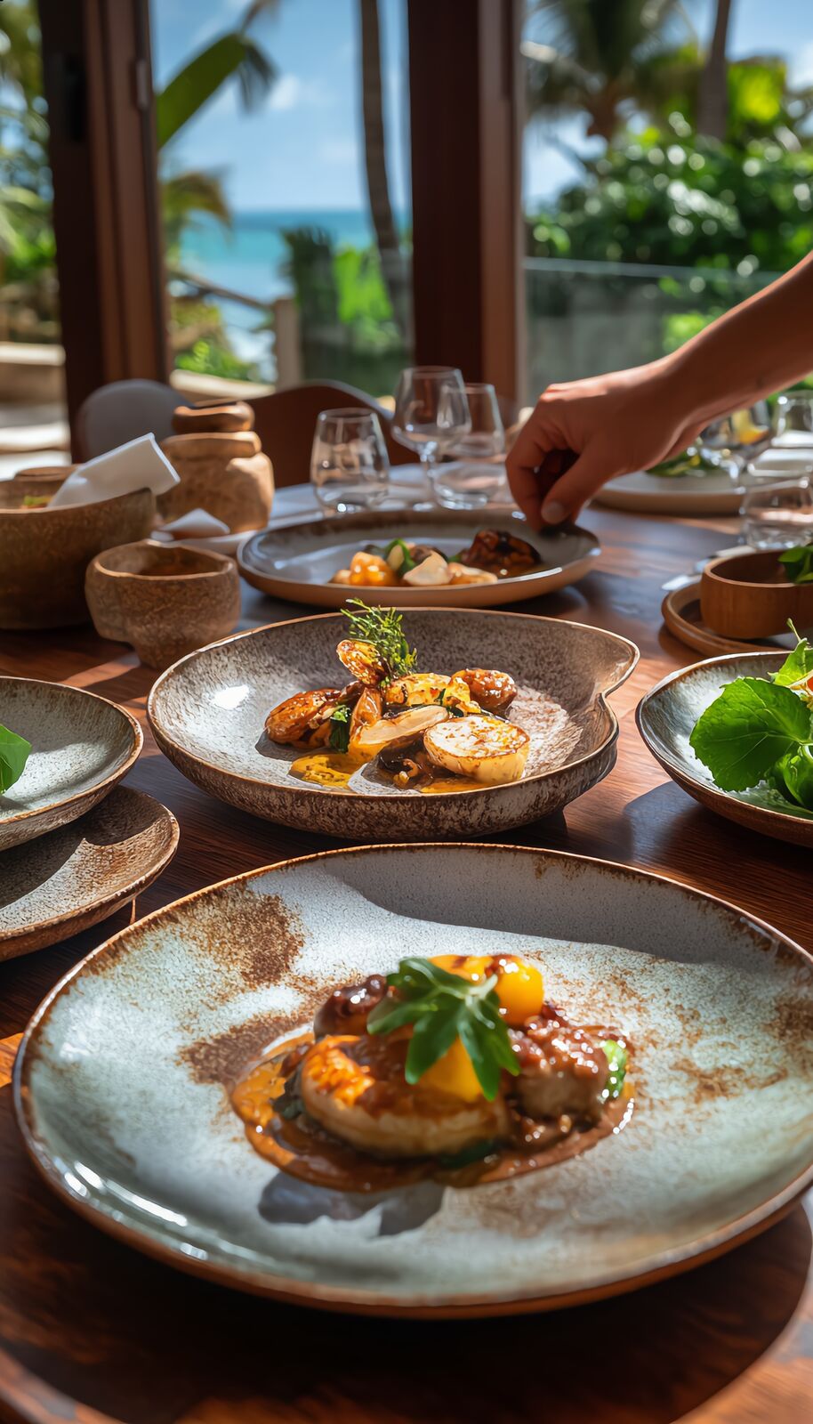 Colorful local food on turquoise and brown presentation plates on a sunnt table.
