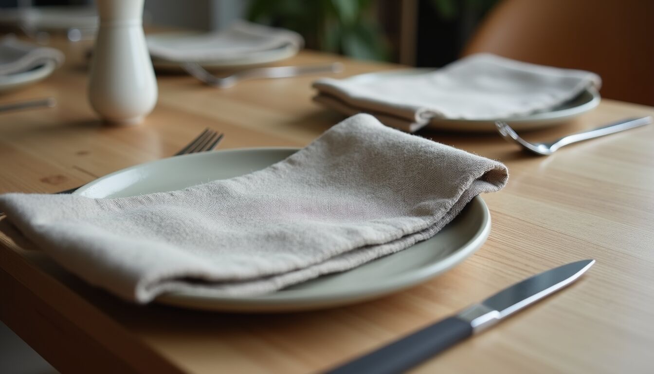 Eye-level view of a dining table set with matte plates and textured linen napkins