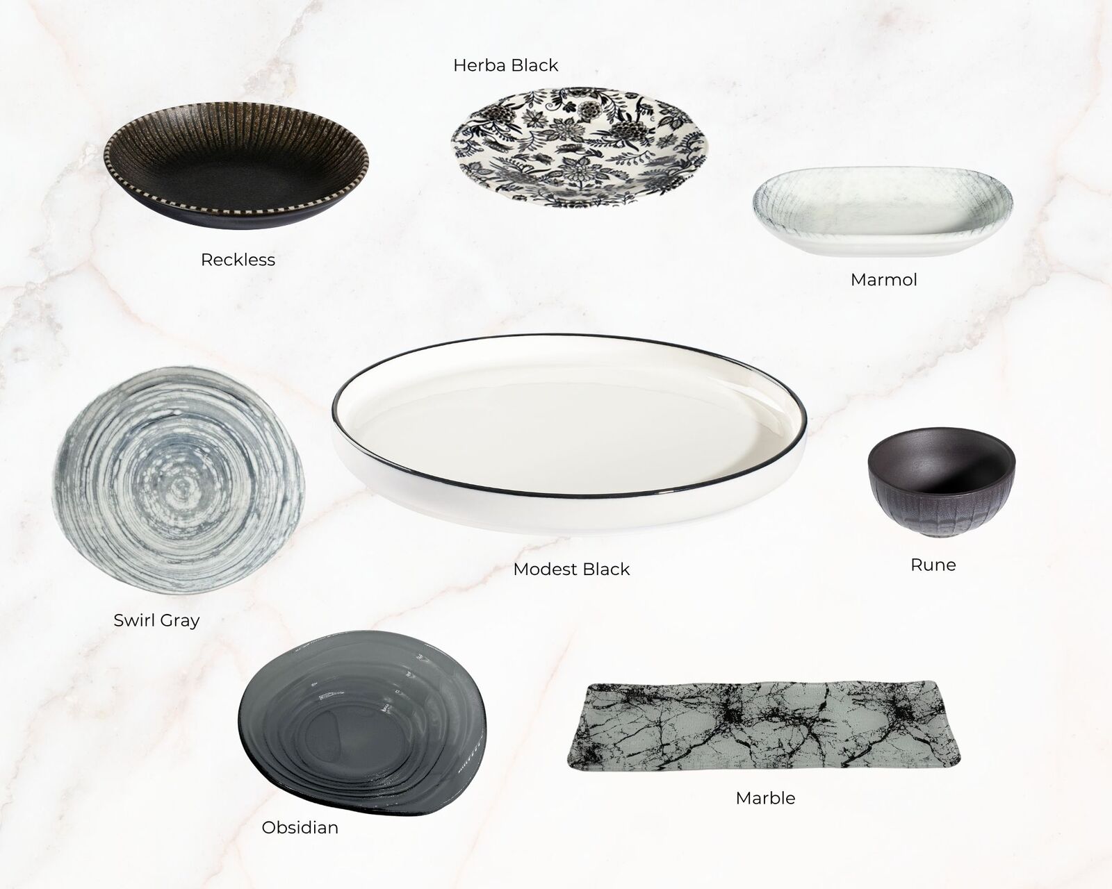 Various decorative bowls and plates on a marble background, featuring patterns like floral, swirl, and marble. Items are labeled with names.