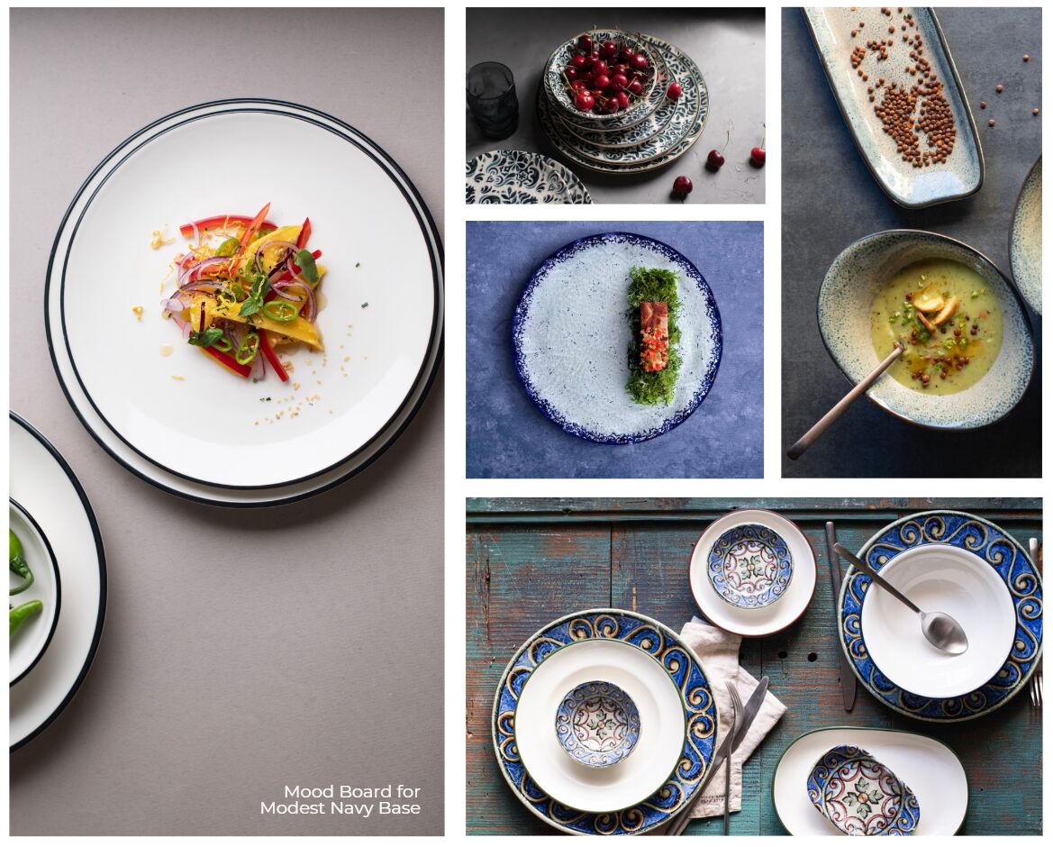 Collage of elegant food plates with vibrant dishes; includes salads, soup, and cherries. Text: Mood Board for Modest Navy Base.