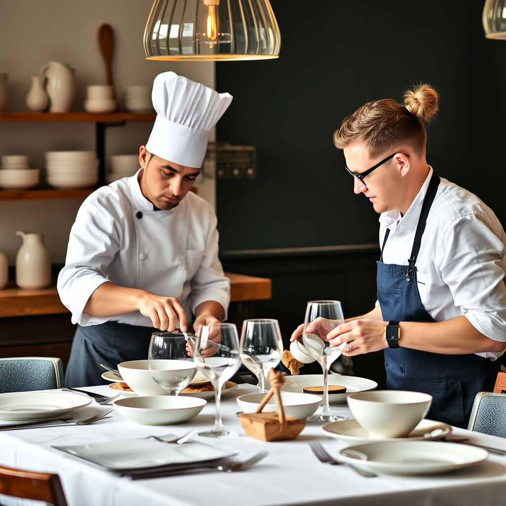 Two chefs, focused, set a table with white plates and glassware in an elegant dining room. Warm lighting creates a cozy atmosphere.