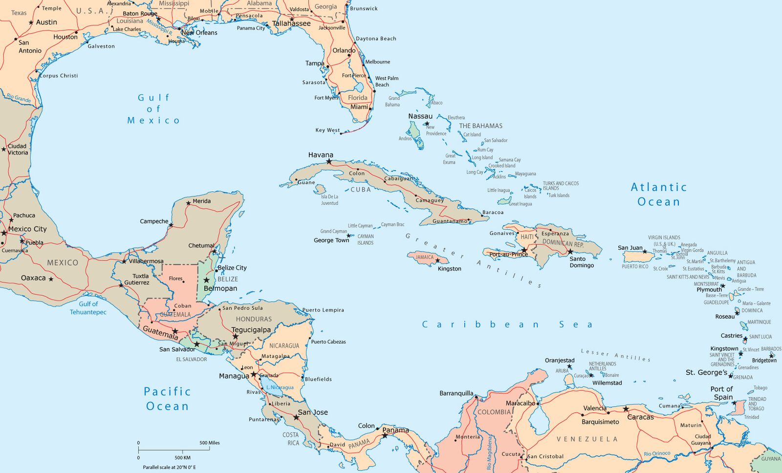 Map of the Caribbean region, highlighting countries, major cities, and bodies of water in pastel colors. Text labels detail locations.