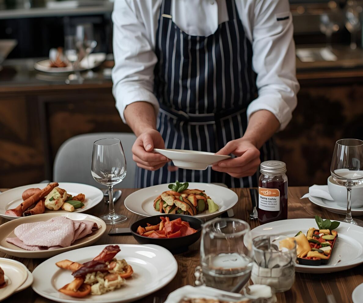 Chef in striped apron arranges plates in a restaurant setting. Table is filled with diverse dishes and glasses. Mood is elegant and professional.