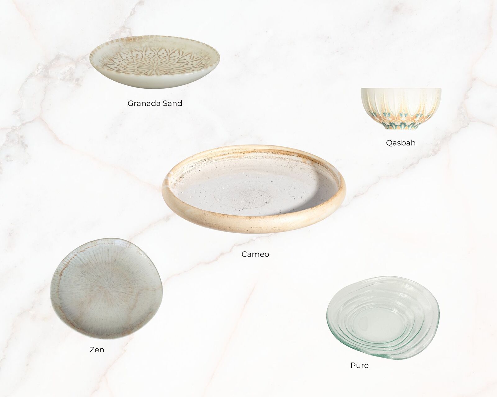 Five ceramic dishes labeled: Granada Sand, Zen, Cameo, Qasbah, Pure. Items on a white marble background with soft lighting.