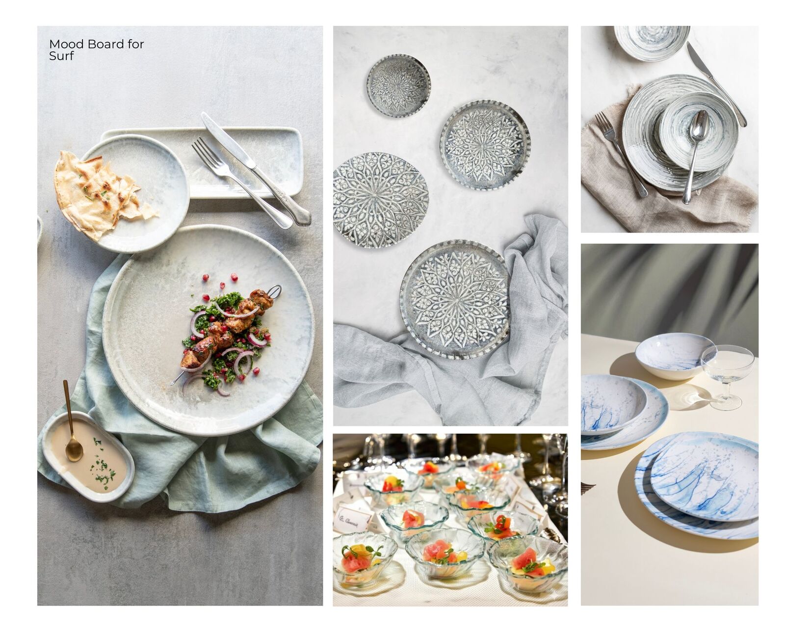 Mood board collage: Plates with gray patterns, a kebab with greens, light blue textiles, and elegant bowls on a white table. Text: Mood Board for Surf.