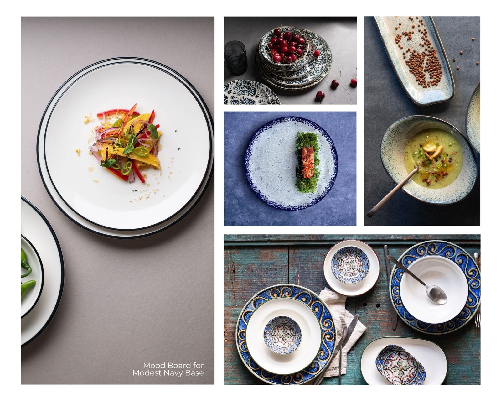 Collage of elegant dishes with colorful foods and decorative patterns on plates. Text reads Mood Board for Modest Navy Base.