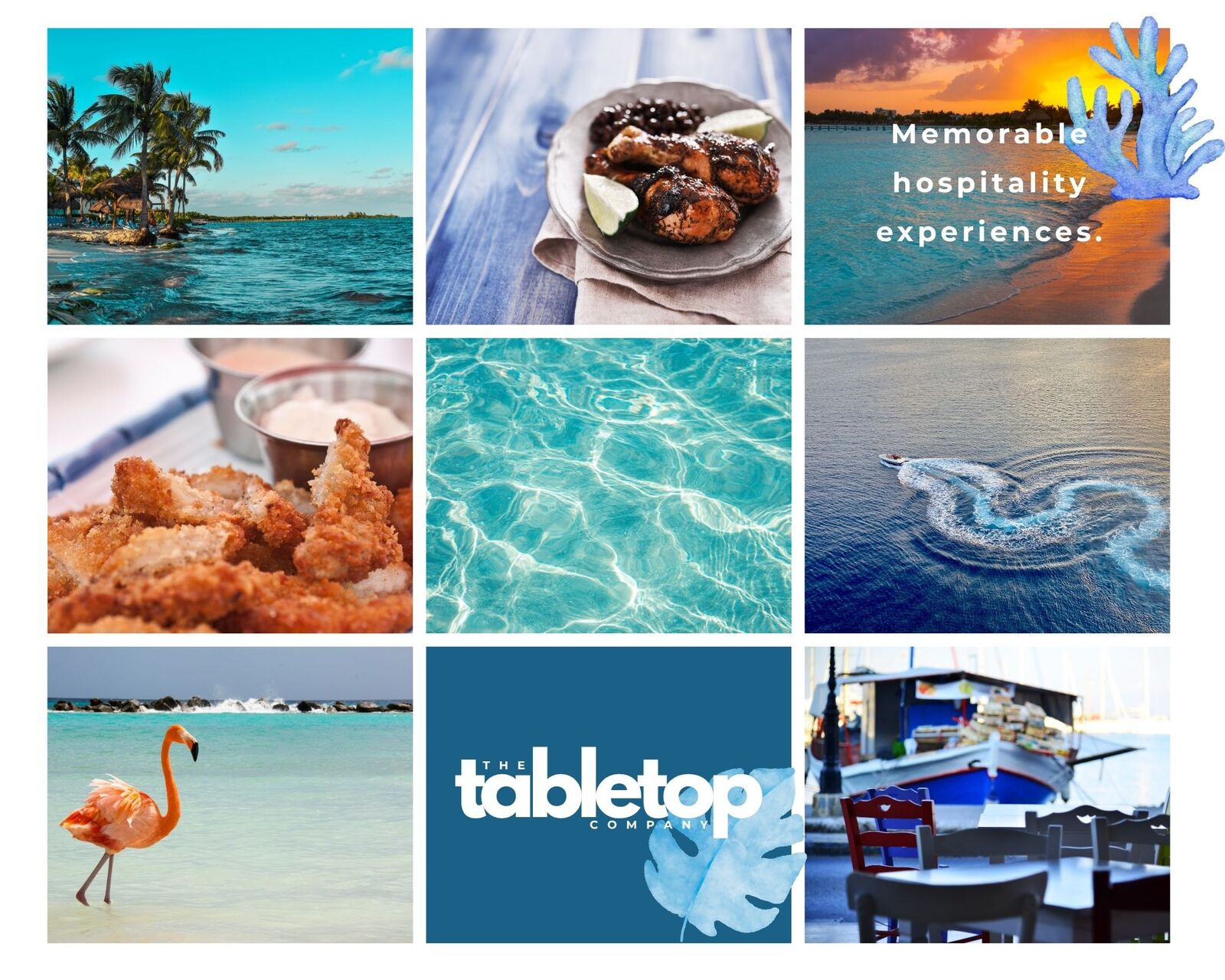 Collage of tropical beach, food, clear water, boat wake, sunset with text Memorable hospitality experiences, flamingo, and a boat dock.