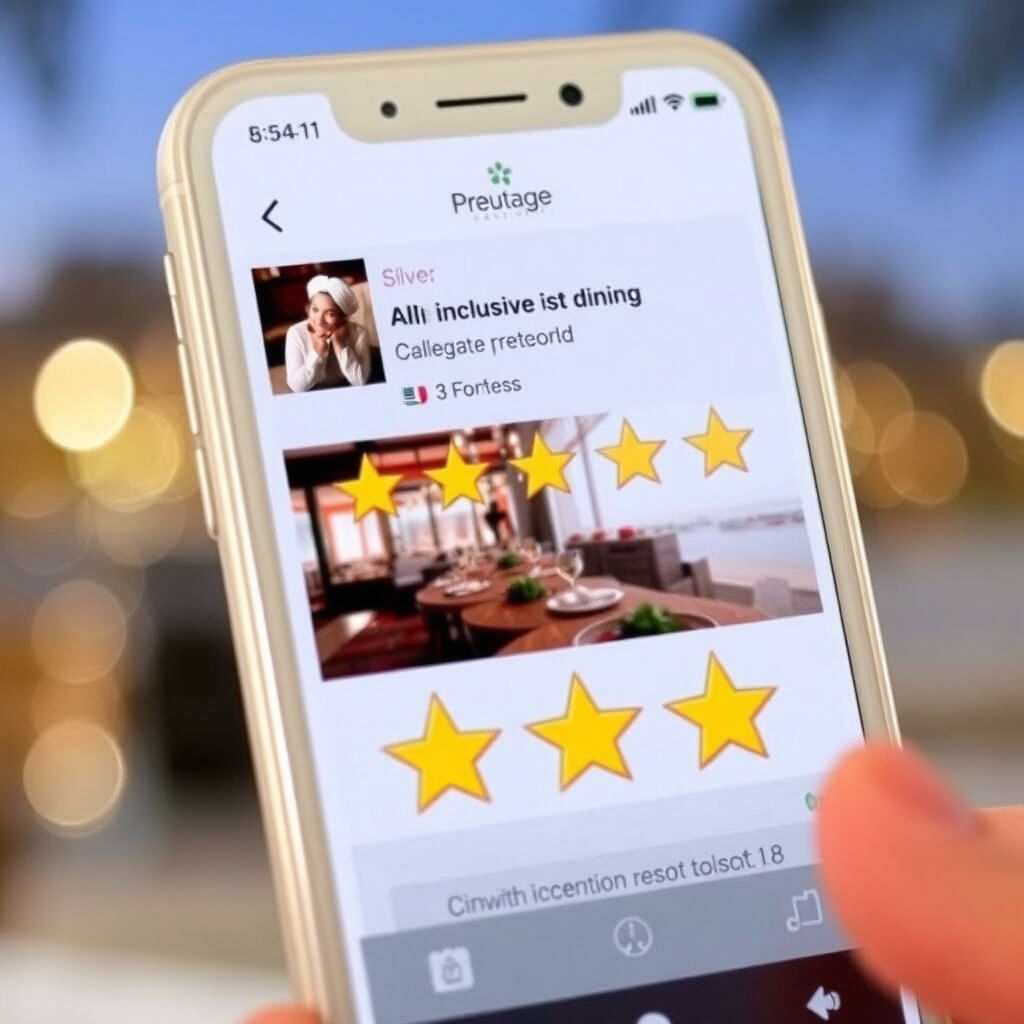 Hand holds smartphone displaying a dining review app with 5-star rating. Background shows blurred bokeh lights. Mood is positive.