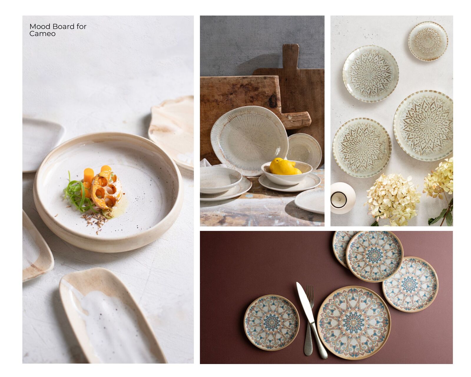 Ceramic tableware collage with intricate patterns and earthy tones. Includes food, lemons, flowers, and text: Mood Board for Cameo.