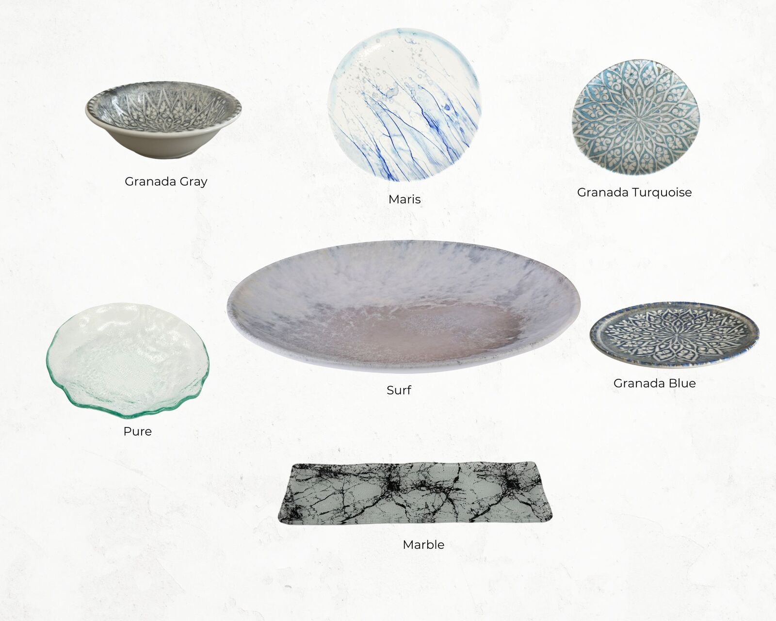 Various decorative plates on a white background. Plates labeled Granada Gray, Maris, Granada Turquoise, Pure, Surf, Granada Blue, and Marble.