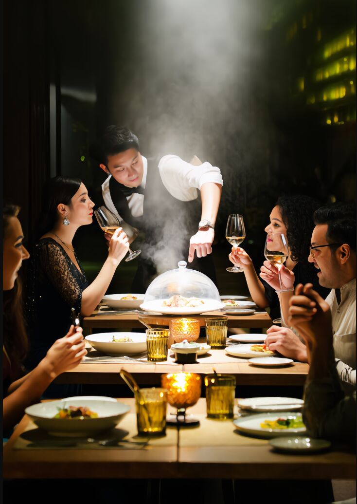 Guests havin drinks on a communal table and chatting while a service professional helps with the food.